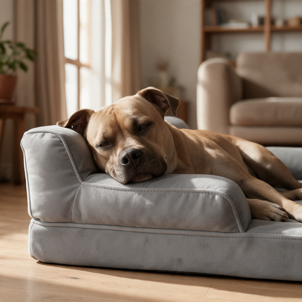 A staffy resting its head on the bolster of The Fold memory foam sofa bed