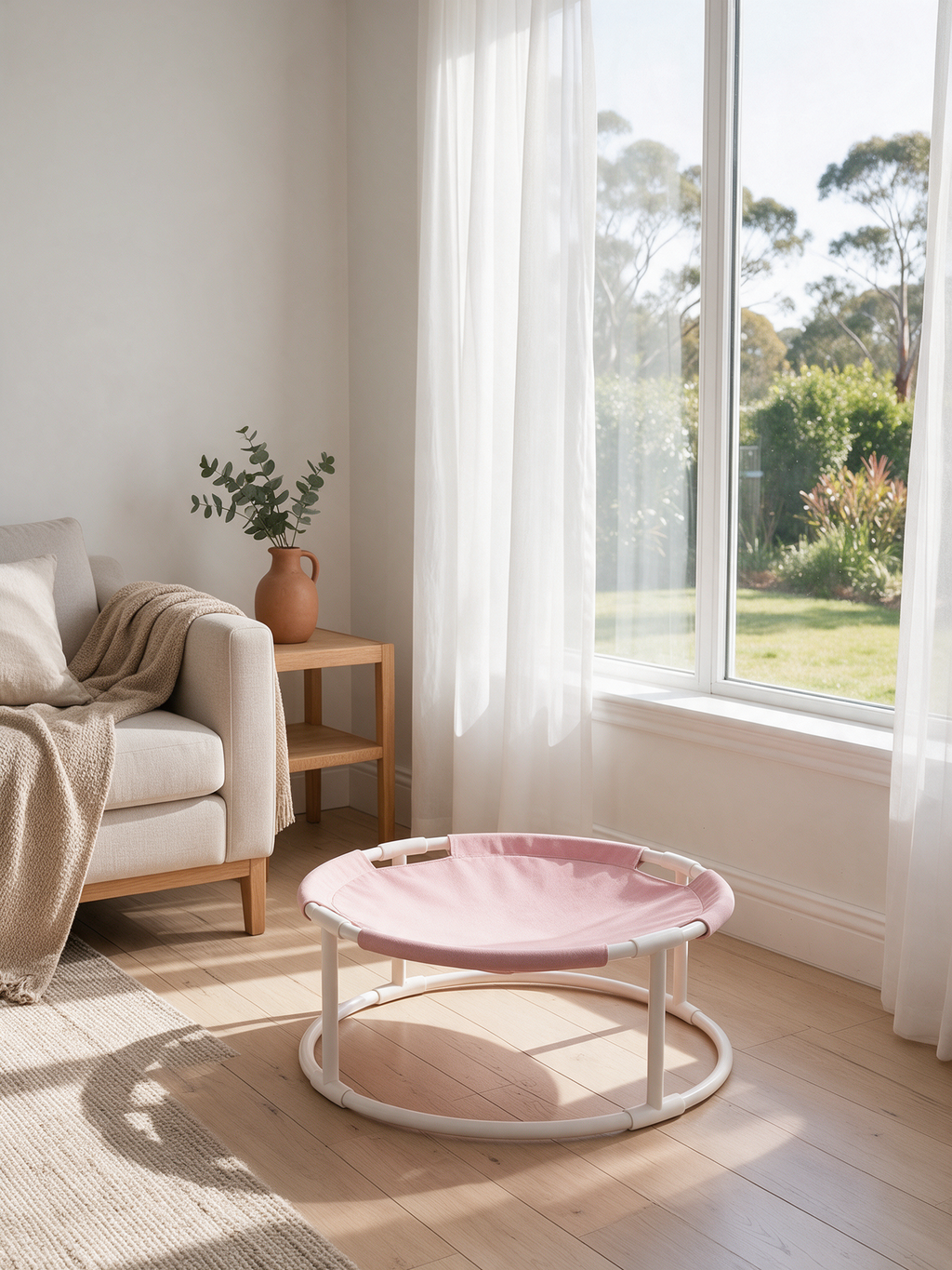 The Perch elevated cat hammock beside a window in an Australian living room
