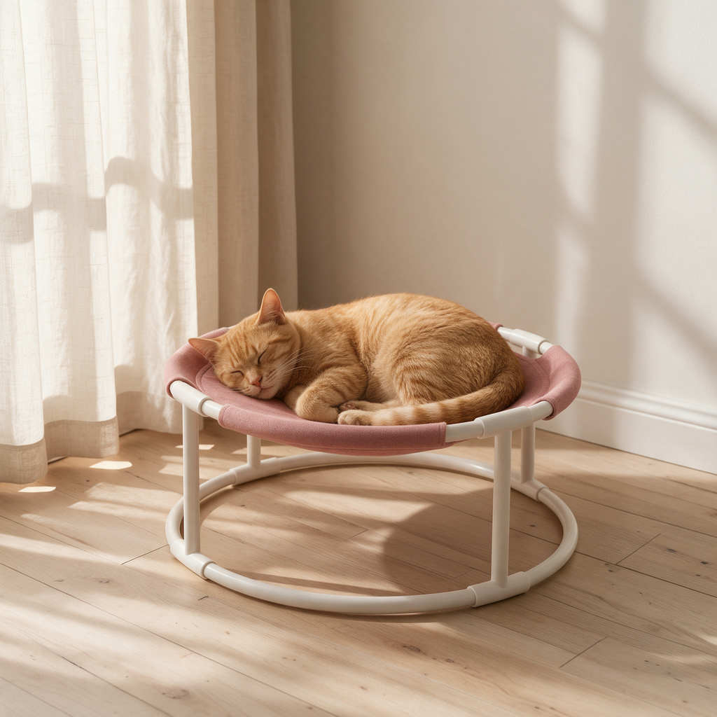 The Perch elevated cat hammock with a ginger cat asleep in the pink sling, sunlit bedroom corner