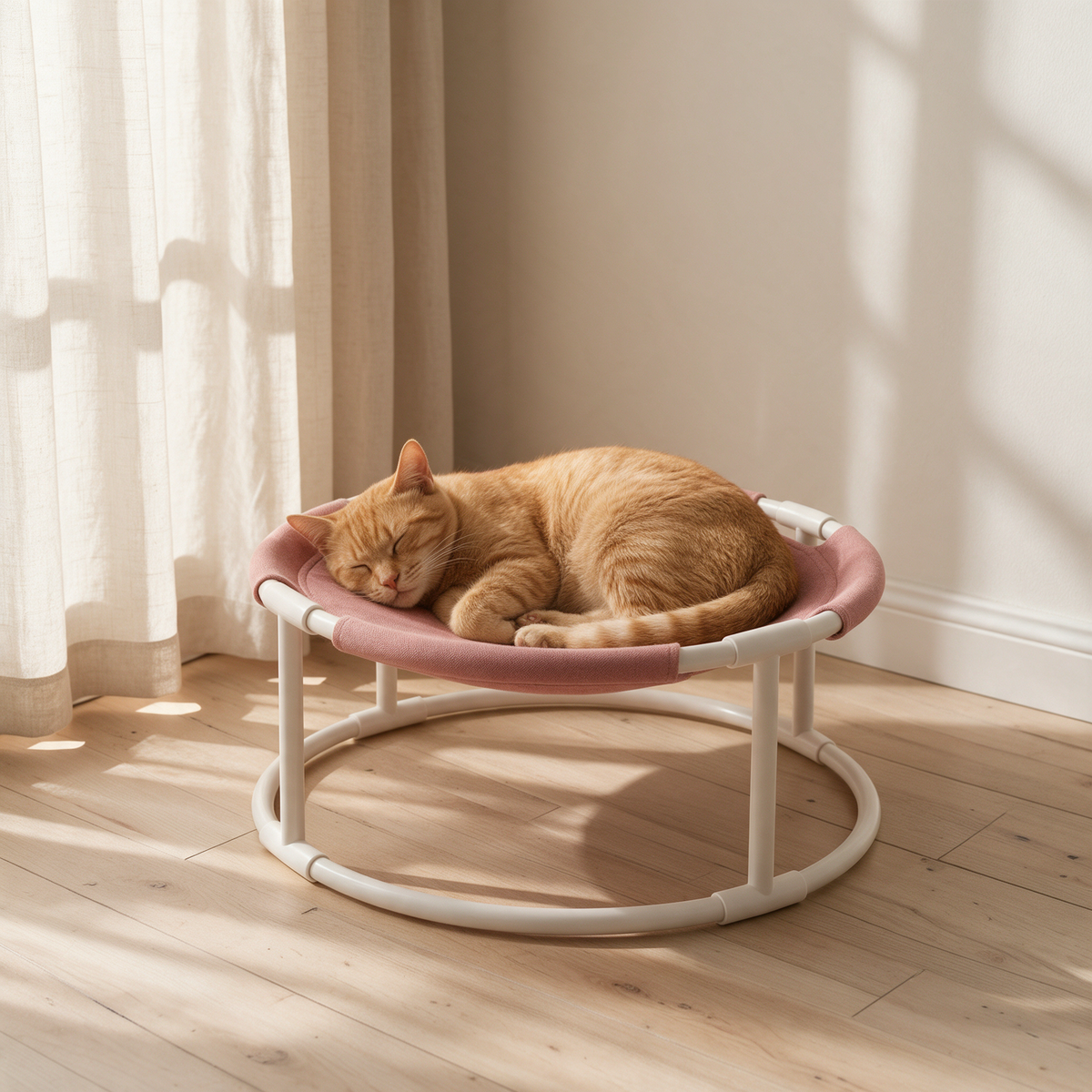 The Perch elevated cat hammock with a ginger cat asleep in the pink sling, sunlit bedroom corner