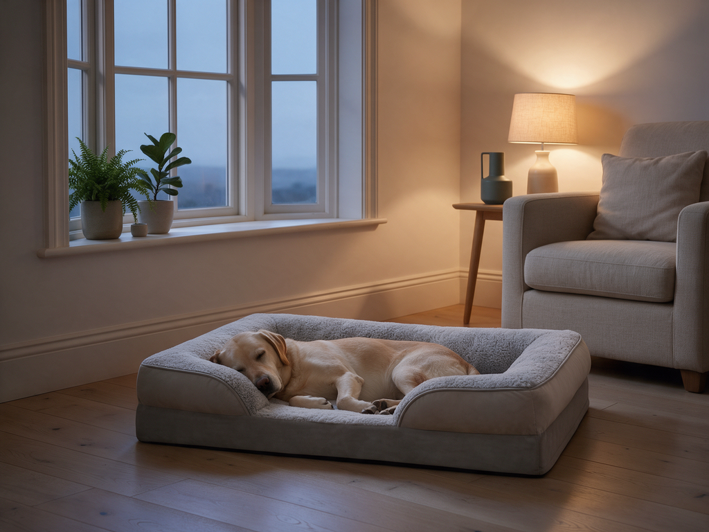 A labrador curled asleep on The Ridge orthopedic sofa dog bed in an Australian bedroom at dusk