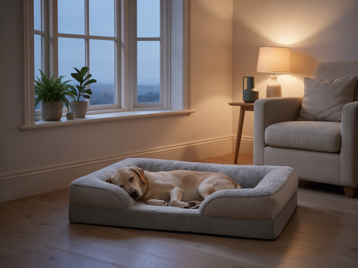 A labrador curled asleep on The Ridge orthopedic sofa dog bed in an Australian bedroom at dusk