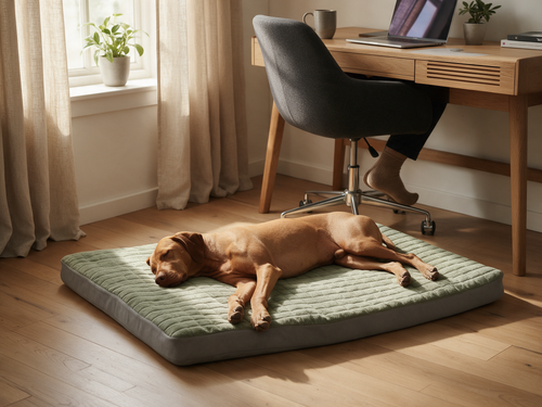 A dog asleep on The Flat washable orthopedic dog mattress under a home-office desk