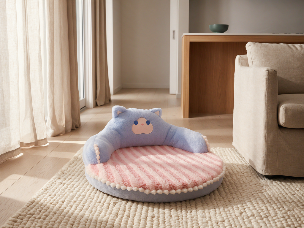 The Pillow round cat bed with its lilac cat-shaped bolster, on a cream wool rug in an Australian living room