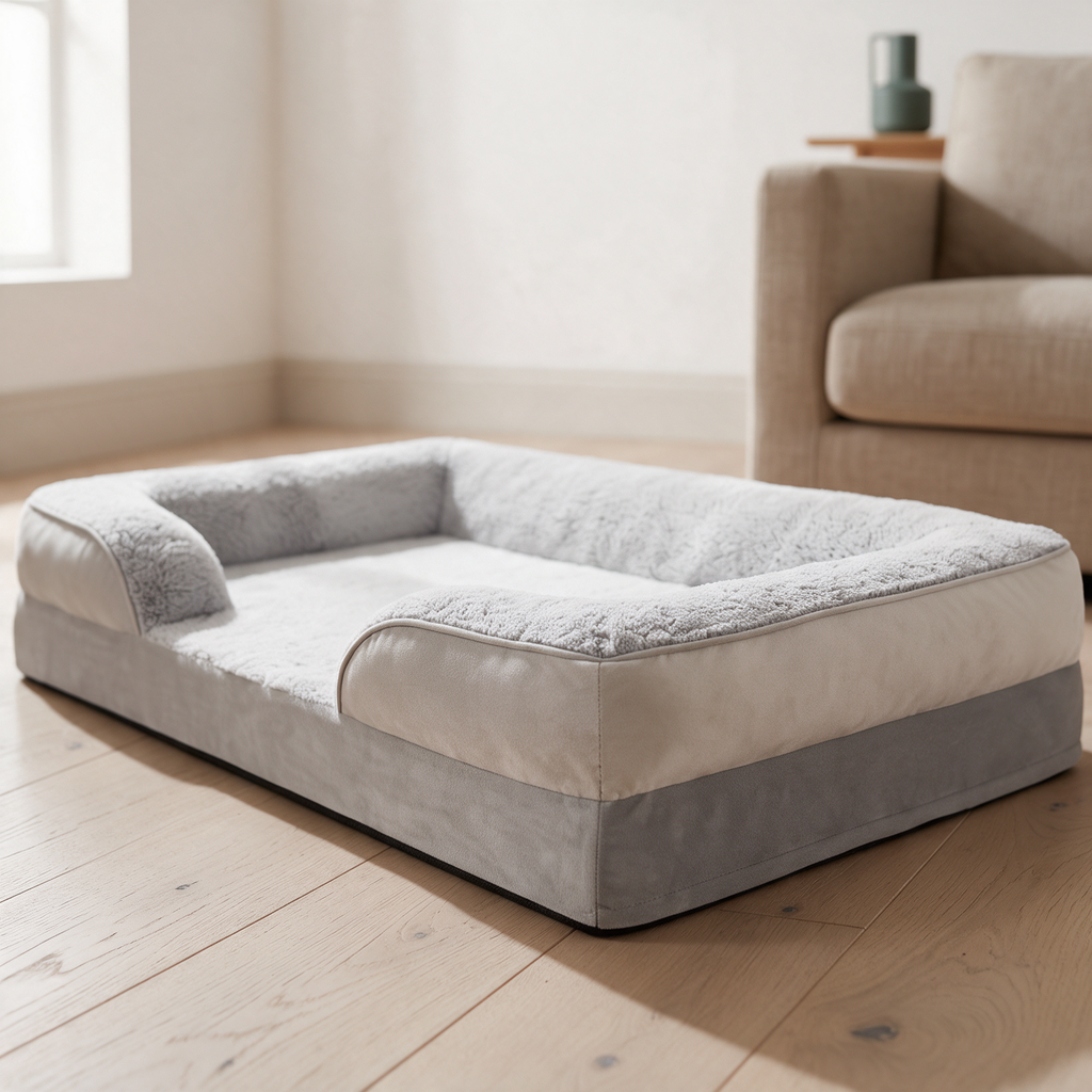 Close view of The Ridge orthopedic sofa dog bed showing the sherpa sleeping surface and the low front edge