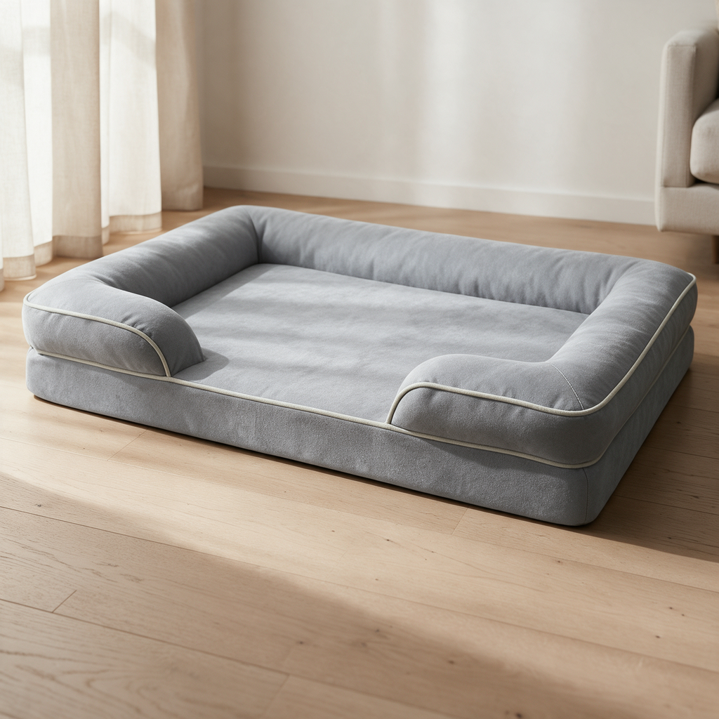 Close view of The Fold memory foam sofa dog bed showing the contrast stitching and the low front edge