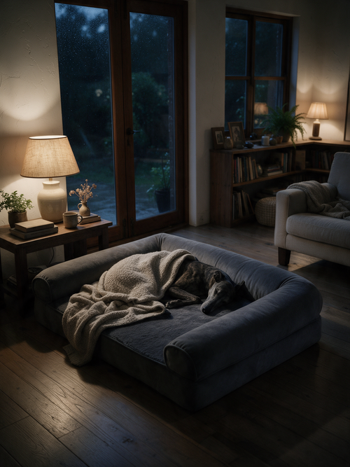 A dog asleep under a blanket in The Burrow calming orthopedic sofa bed at night