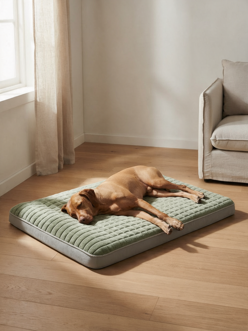 The Flat washable orthopedic dog mattress in sage green on pale oak floorboards, a dog asleep stretched out on it