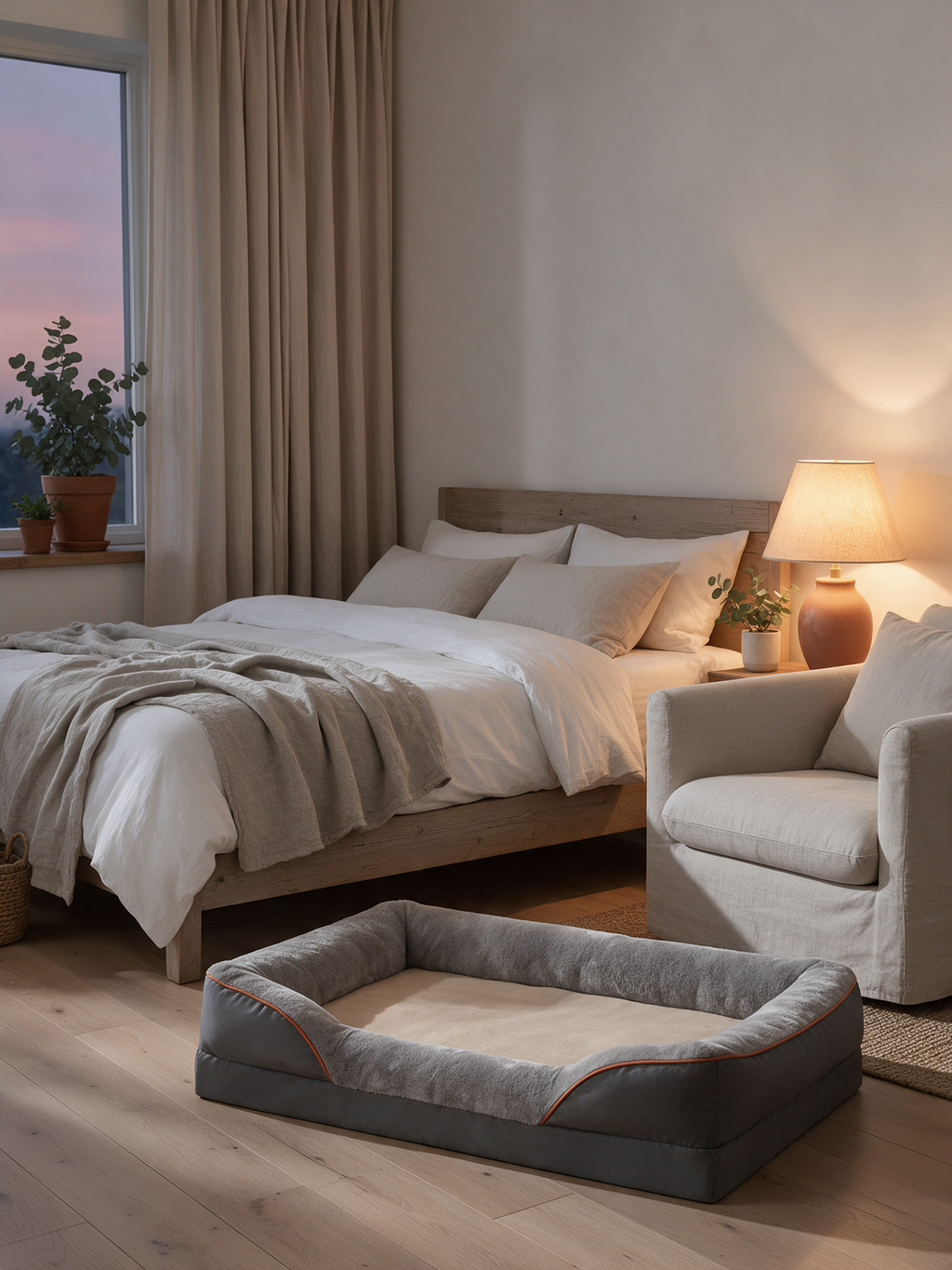 The Hollow orthopedic bolster dog bed beside a bed frame in an Australian bedroom at dusk