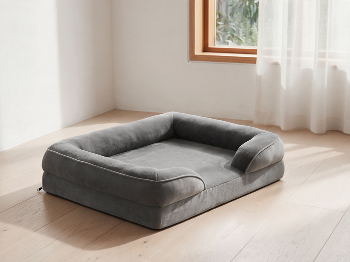 The Quilt grey velvet bolster dog bed on pale oak floorboards in a bright Australian sunroom