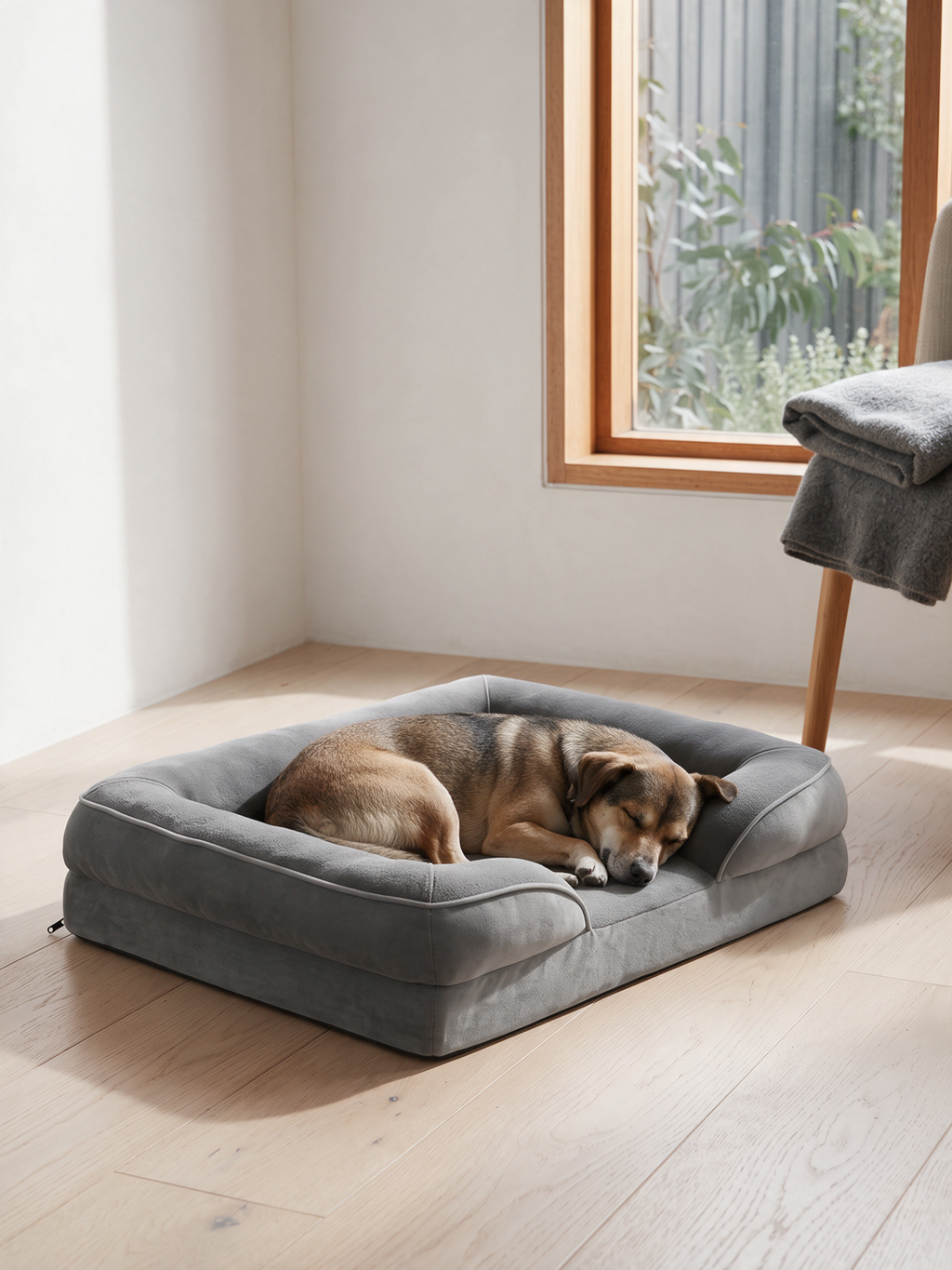 A dog curled asleep inside The Quilt grey velvet bolster dog bed in an Australian living room