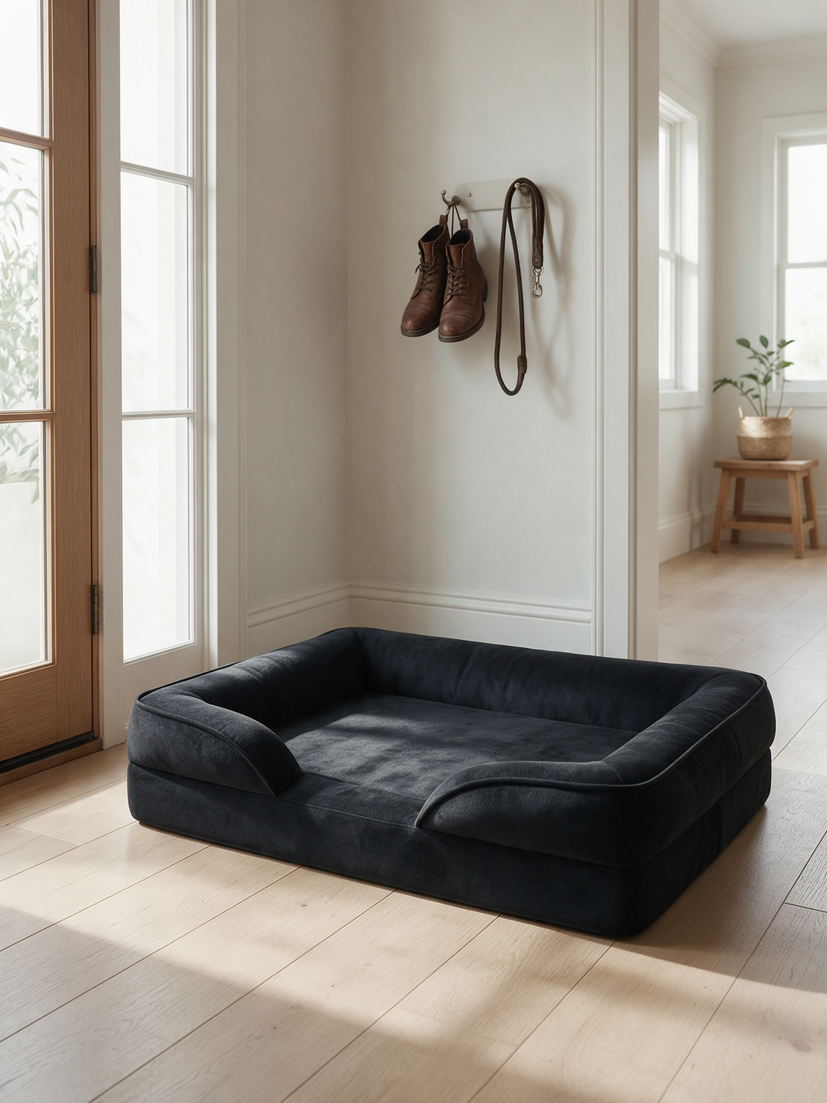 The Loft low-profile bolster dog bed in black, in an Australian entry hall with boots and a lead on a hook above