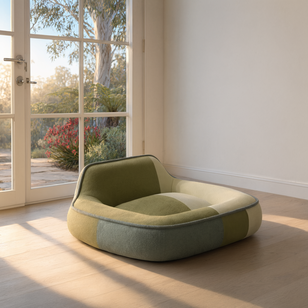 The Plain orthopedic cushion bed beside a glazed door opening to an Australian garden