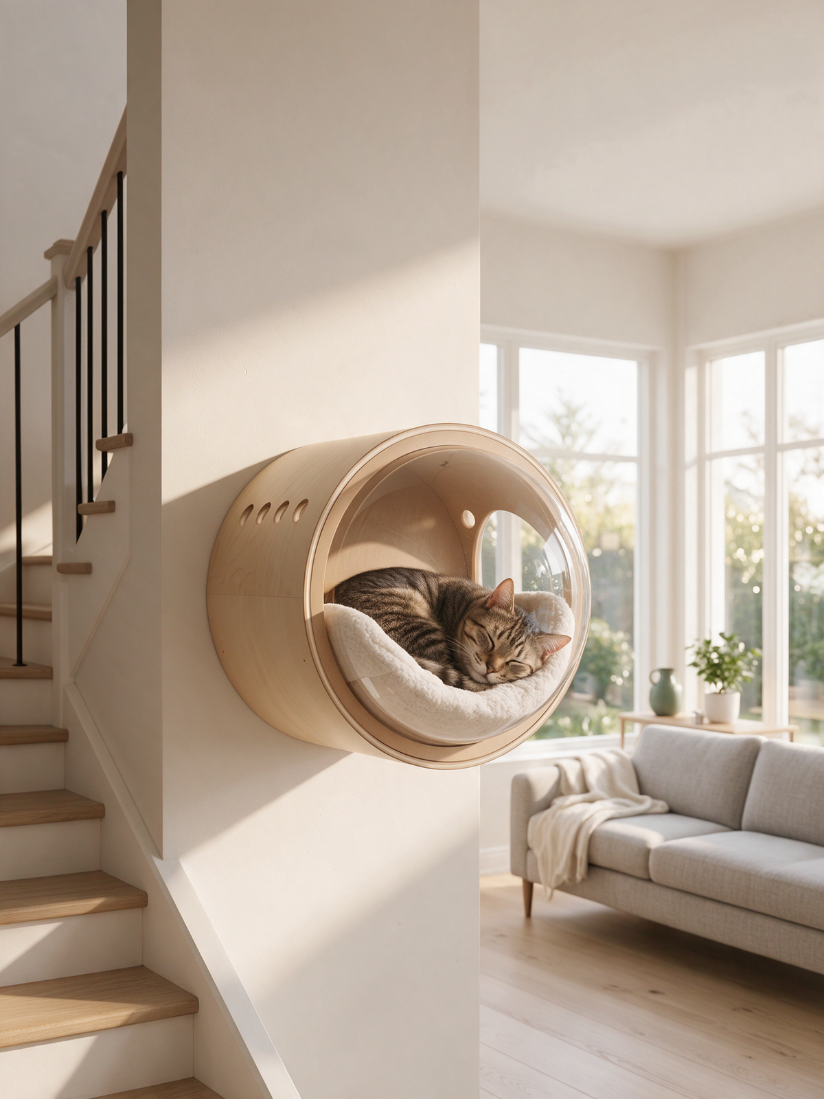 The Capsule acrylic cat bed mounted beside a timber staircase, a tabby cat curled asleep inside