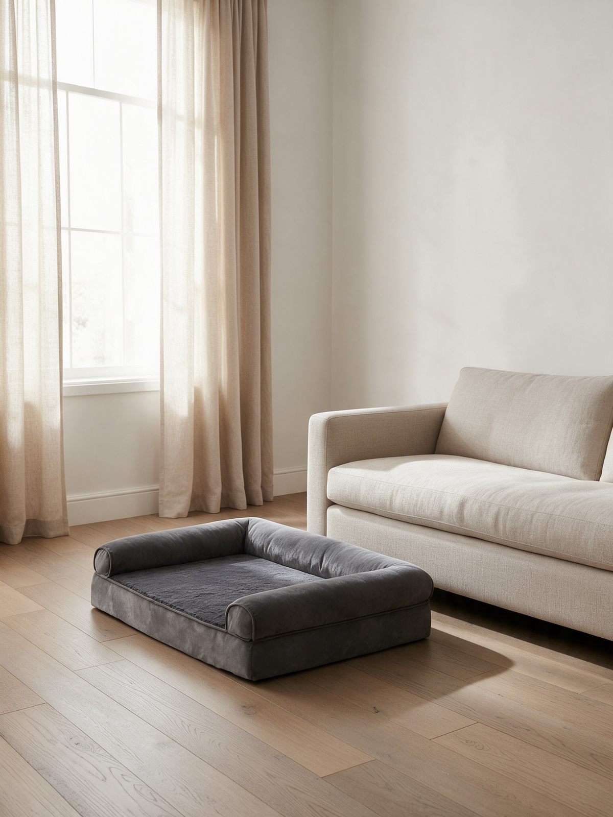 The Burrow calming orthopedic sofa bed in charcoal, in a large Australian living room