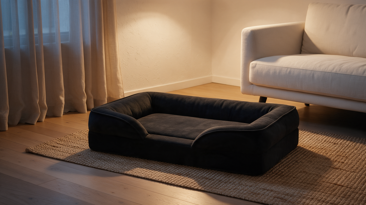 The Loft low-profile bolster dog bed on a jute rug beside a linen sofa in an Australian living room at dusk