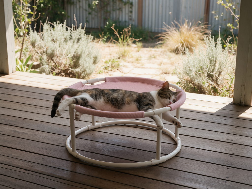 A calico cat sprawled on The Perch elevated cat bed on an Australian verandah