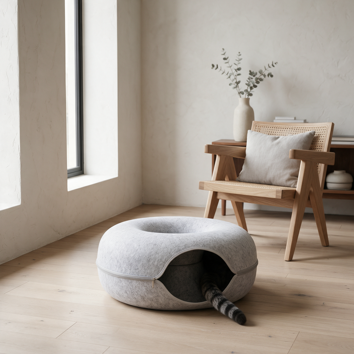 The Tunnel grey felt cat bed on a pale oak floor, a cat's tail visible at the mouth of the tunnel