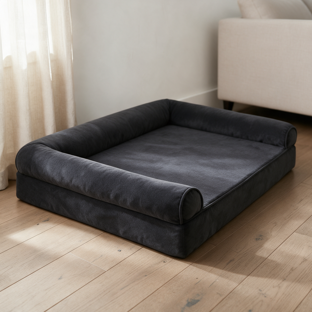 Close view of The Burrow calming orthopedic sofa bed showing the rolled bolster and the low front edge