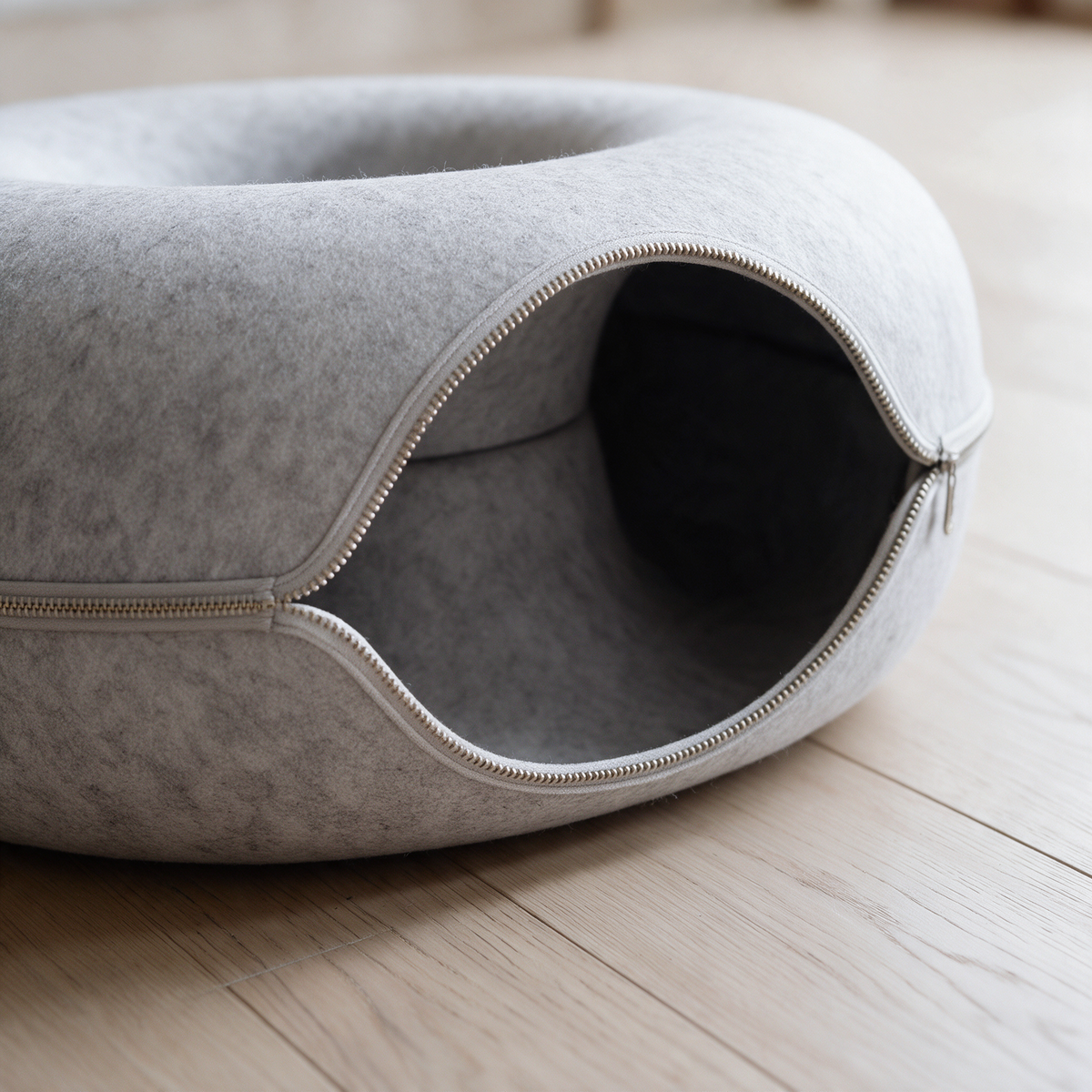 Close view of The Tunnel felt cat bed showing the wool felt surface and the zip seam at the tunnel mouth