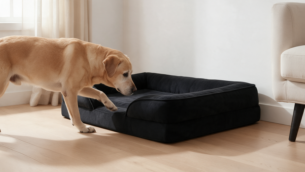 A golden retriever stepping into The Loft low-profile bolster bed, seen from the side