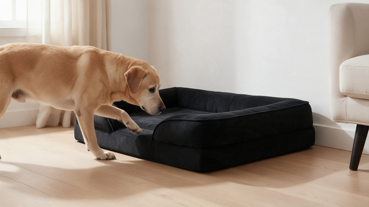 A golden retriever stepping into The Loft low-profile bolster bed, seen from the side