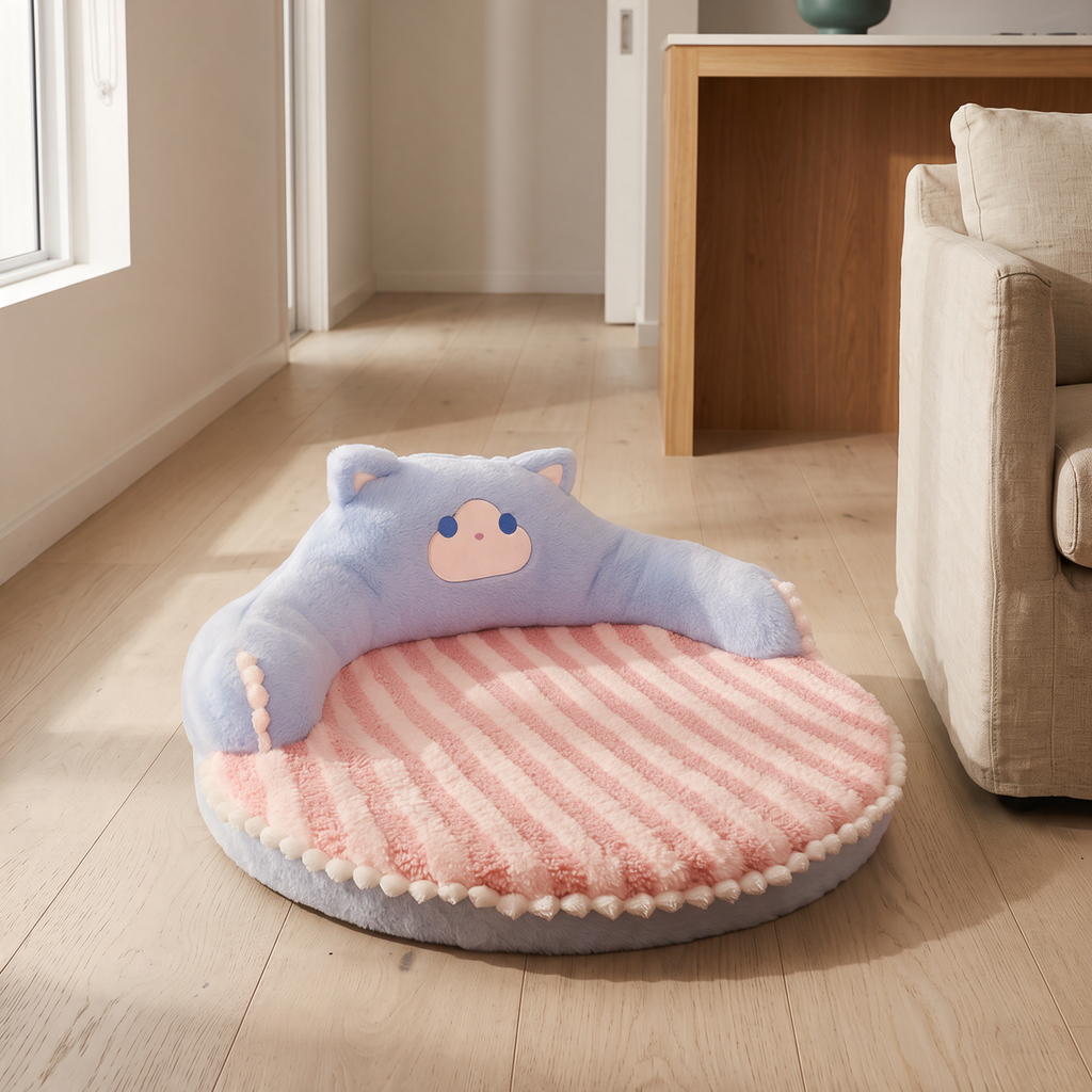 The Pillow round cat bed on pale oak floorboards beside a window in an Australian bedroom