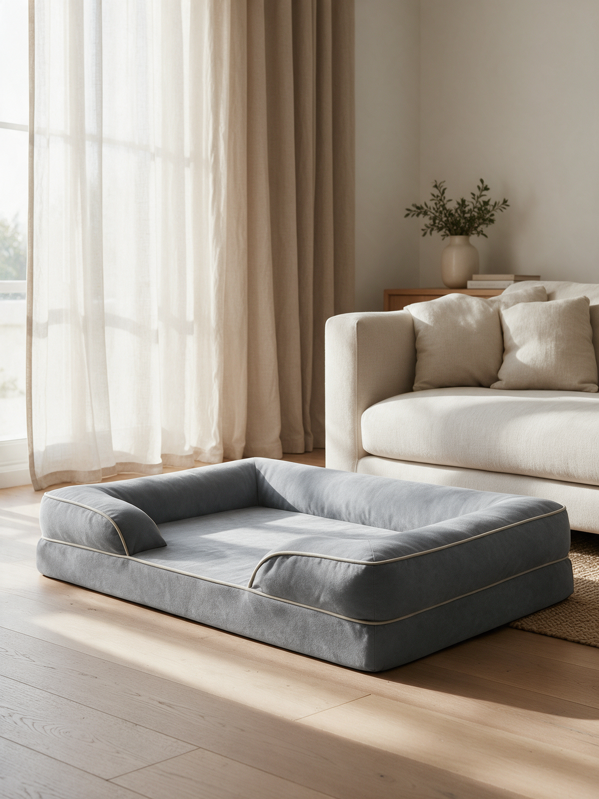 The Fold memory foam sofa dog bed beside a linen sofa in an Australian living room