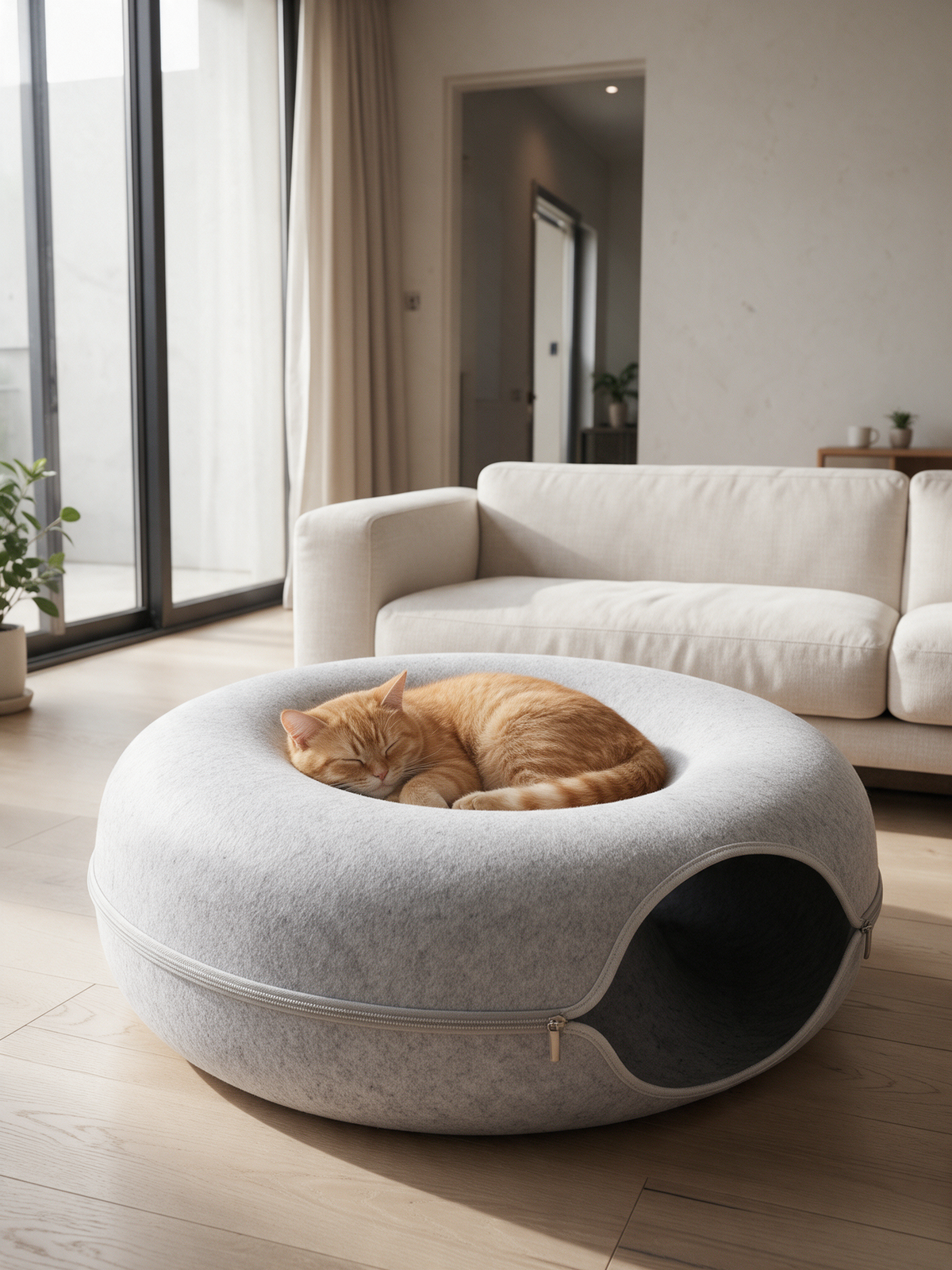 A ginger cat curled asleep in the dish on top of The Tunnel felt cat bed