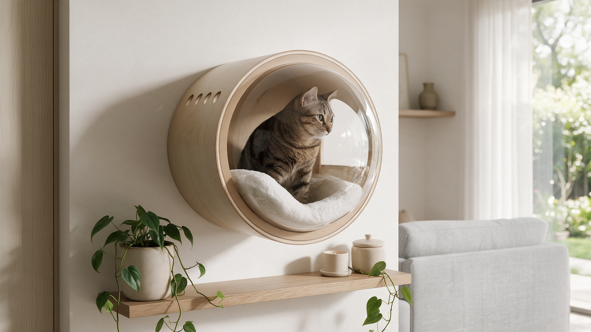 The Capsule acrylic cat bed mounted on a living room wall above a timber shelf, a tabby cat sitting inside