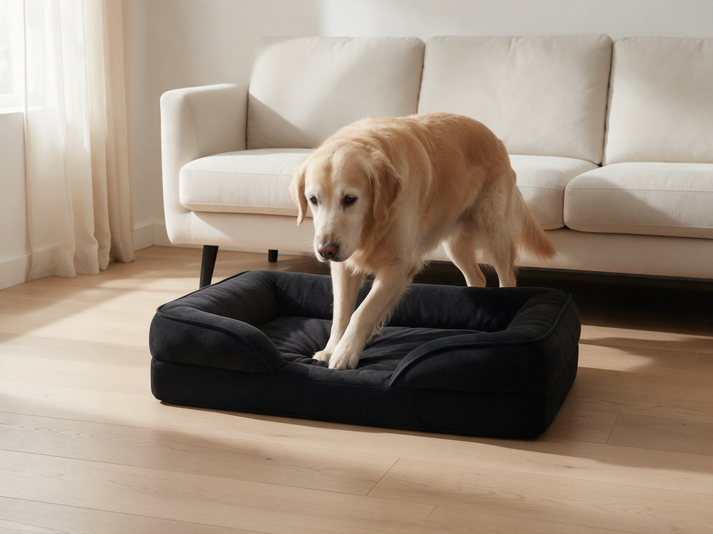 A golden retriever stepping into The Loft low-profile bolster dog bed over its low front edge
