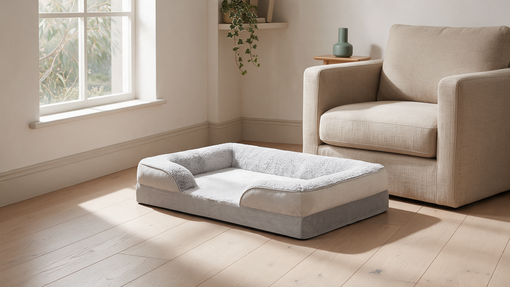 The Ridge orthopedic sofa dog bed in light grey, on pale oak floorboards beside a linen armchair in an Australian living room
