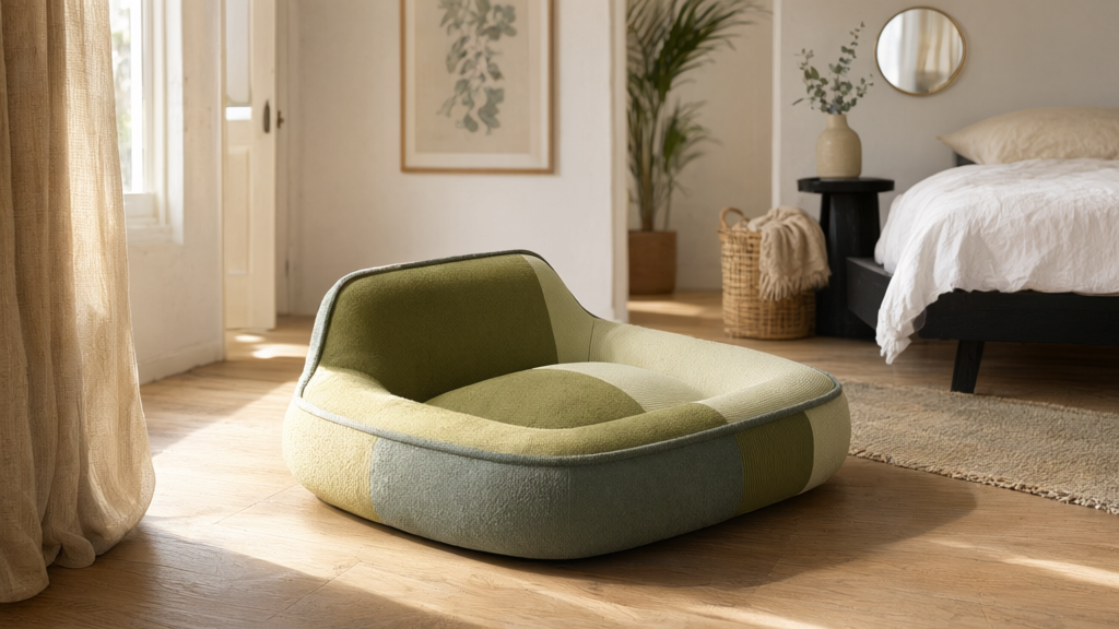 The Plain orthopedic cushion bed in the green colourway, on pale oak floorboards in a sunlit Australian bedroom
