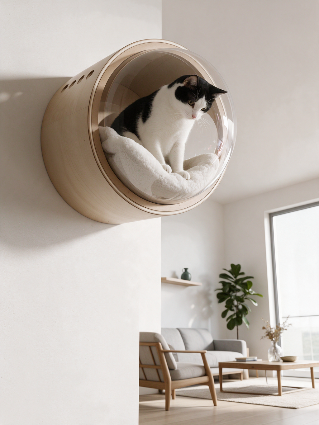 A tuxedo cat sitting in The Capsule wall-mounted cat bed above a living room
