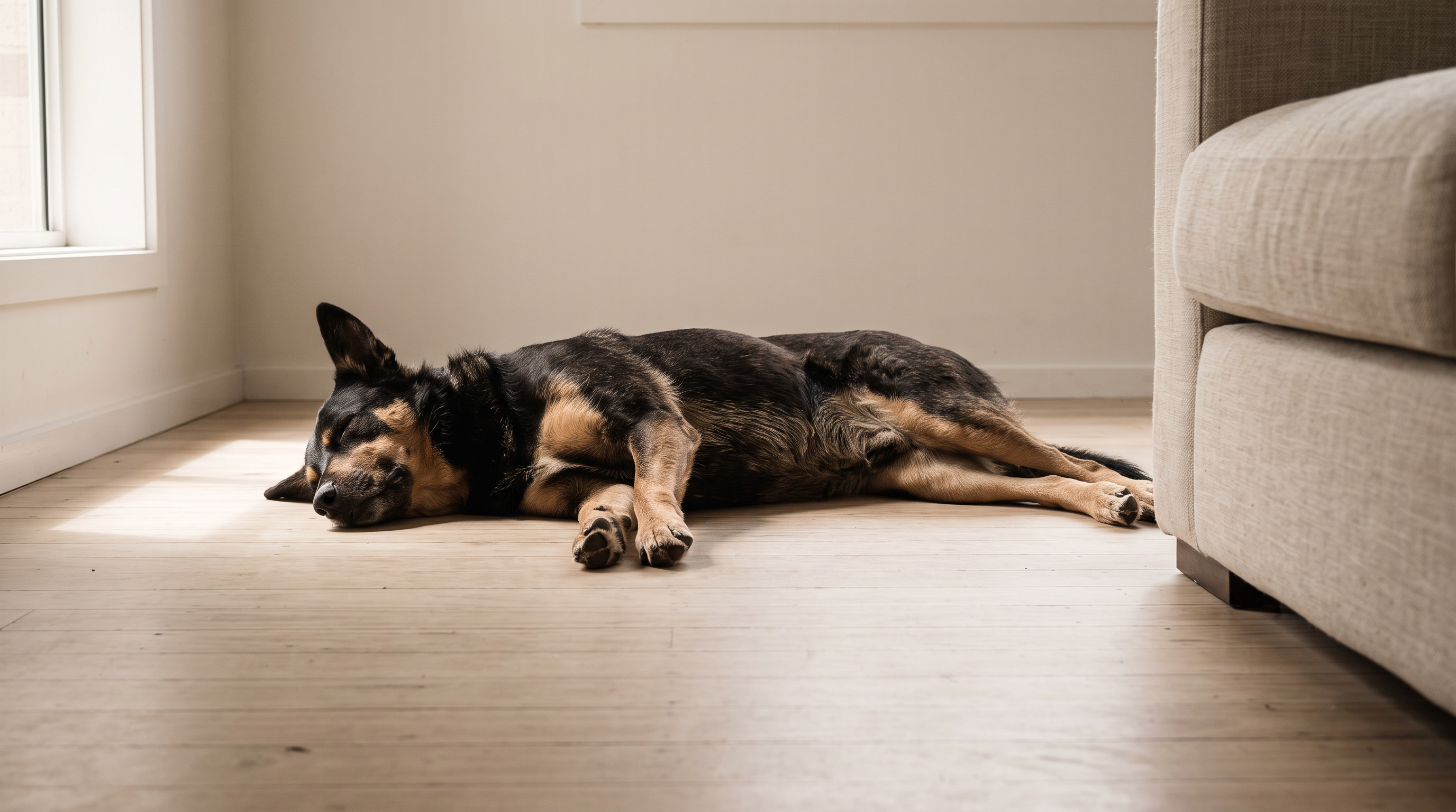 A dog asleep on bare timber floorboards in a sunlit Australian living room