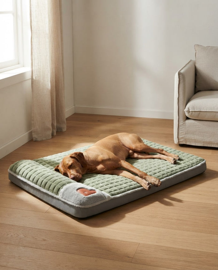 A dog asleep on The Flat washable orthopedic dog mattress in an Australian living room