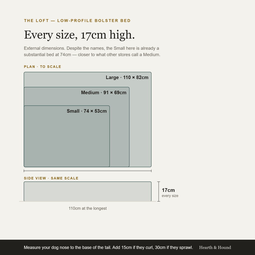 Scale plan and side view of The Loft in Small, Medium and Large — every size 17cm high