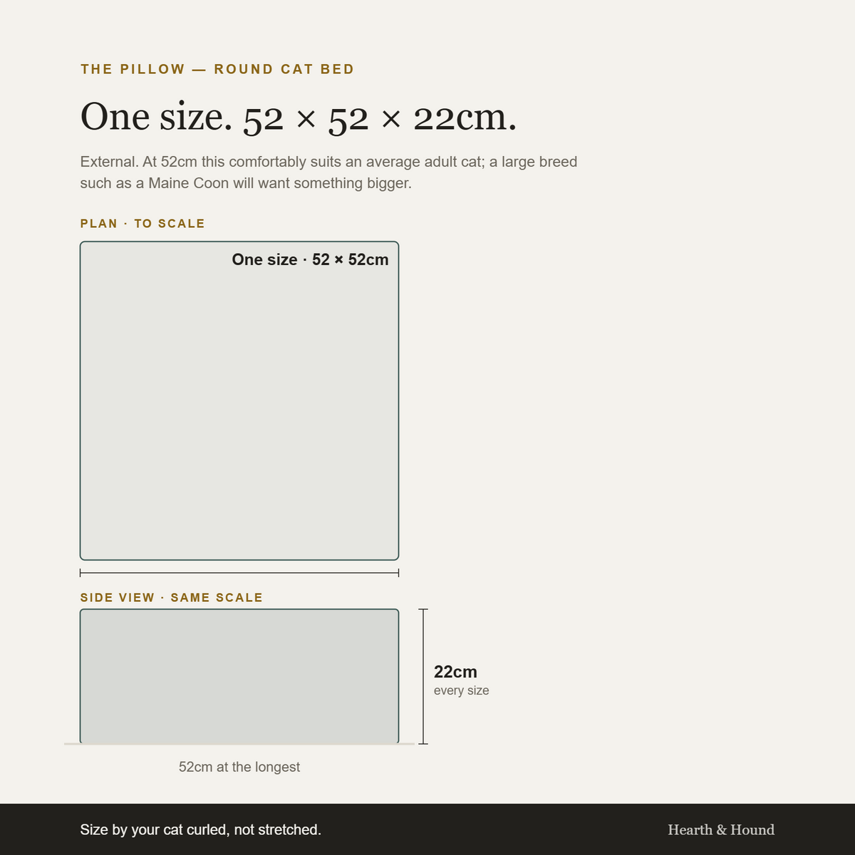 Scale plan and side view of The Pillow — one size, 52 × 52 × 22cm