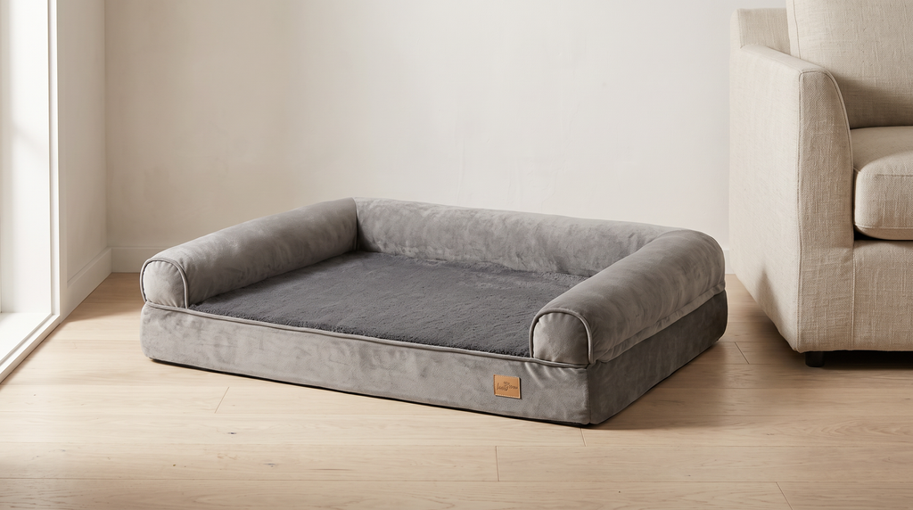 The Burrow calming orthopedic sofa bed on timber floorboards in an Australian living room